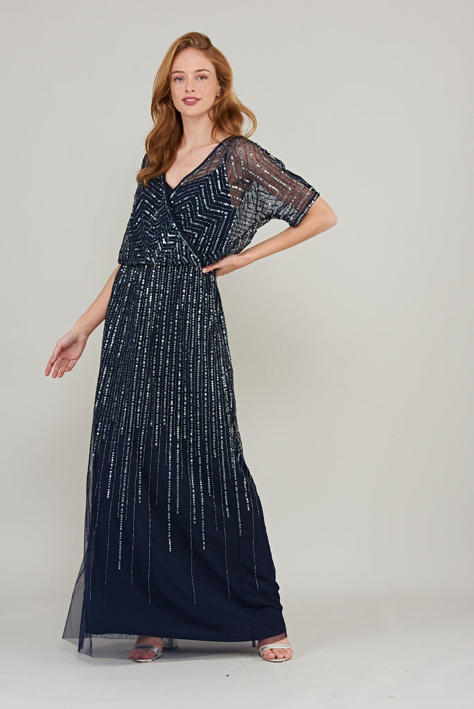 Brigid Embellished Wrap Front Maxi Dress - Navy - Amelia Rose – Frock and  Frill